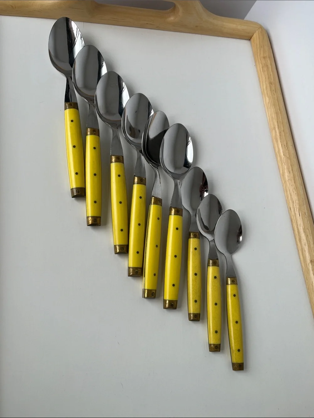Vintage Bonniers France Yellow Handle Spoon Set MCM French Bistro Brass Flatware